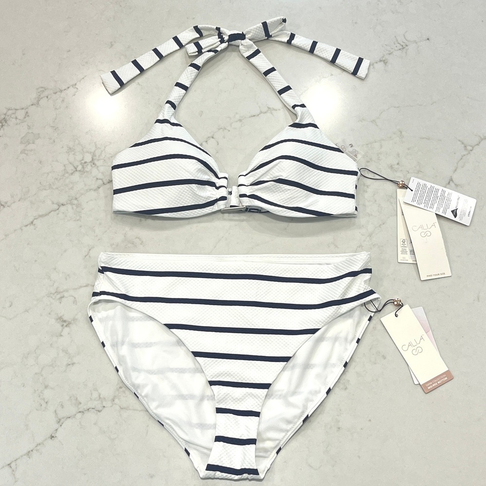 CALIA Halter Bikini Set Womens M White Blue Striped Textured Nautical Preppy